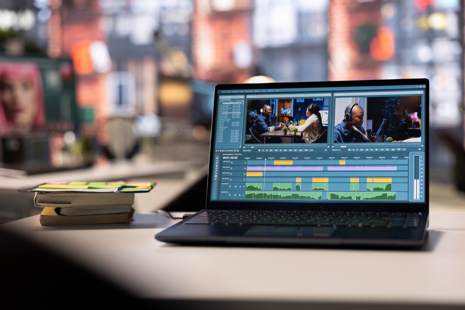 Laptop screen displaying a video editor with a multi-track timeline and two interview clips, on a desk beside a stack of notebooks and colorful sticky notes.