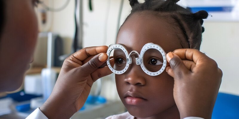 Child wearing trial frames during an eye exam, as a clinician adjusts the lenses in a clinic.