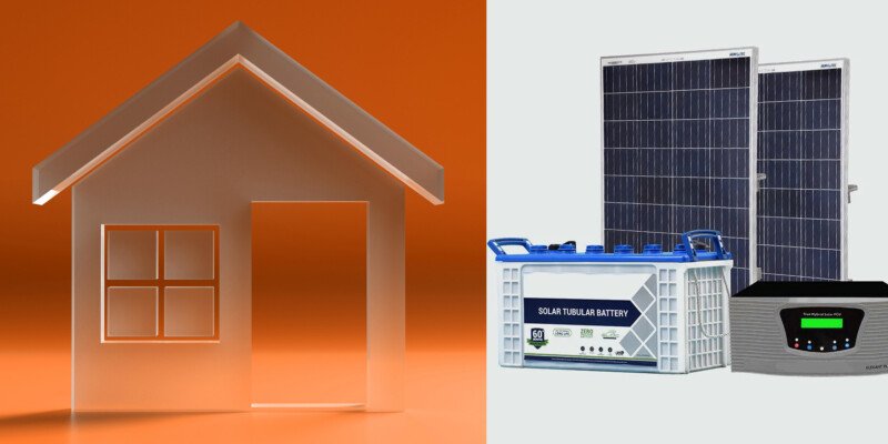 Split-image showing a stylized orange house on the left and solar equipment (panels, battery, inverter) on the right to represent home energy and solar power.
