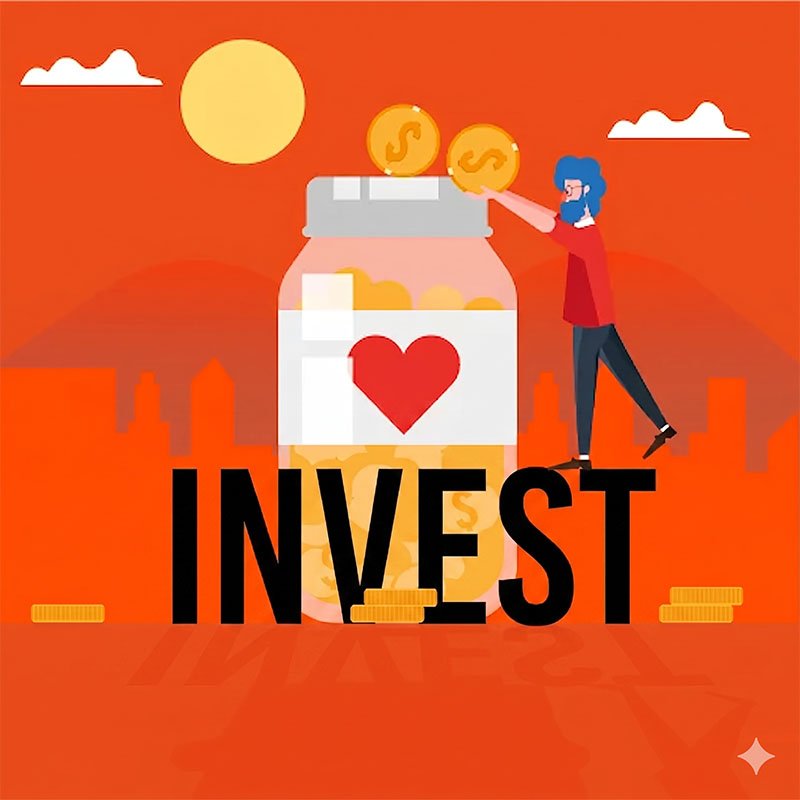 Person adds coins into a heart-labeled jar with the word INVEST on an orange background, symbolizing saving or investing.