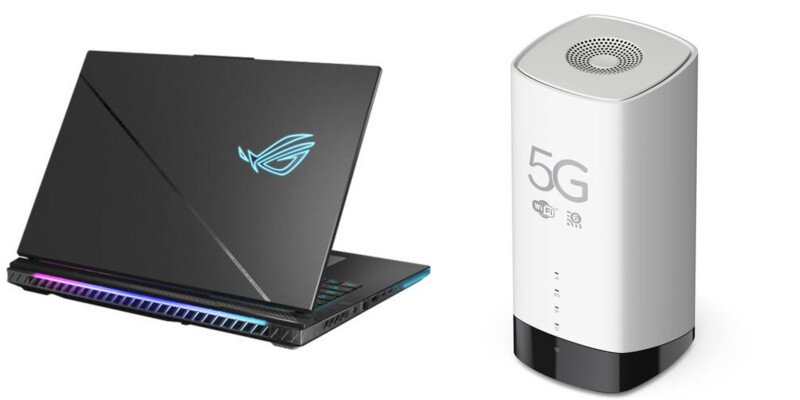 Gaming laptop with RGB lighting beside a white cylindrical 5G Wi-Fi router
