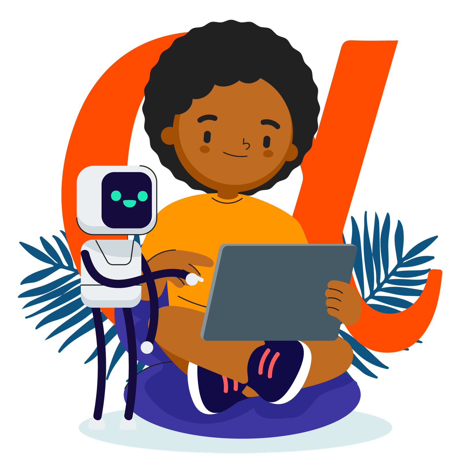 Child with dark skin in an orange shirt uses a tablet while a friendly robot stands beside, with blue leaves in the background.