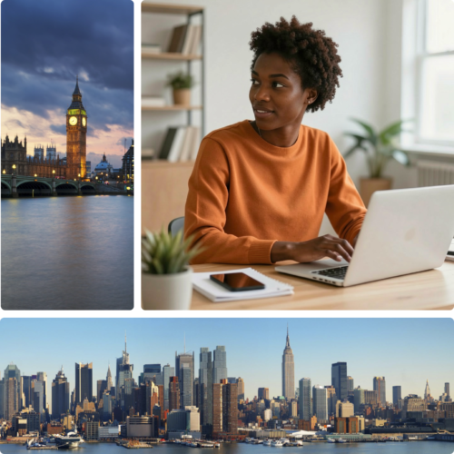 Collage of London skyline with Big Ben and river, and a woman indoors at a laptop desk.