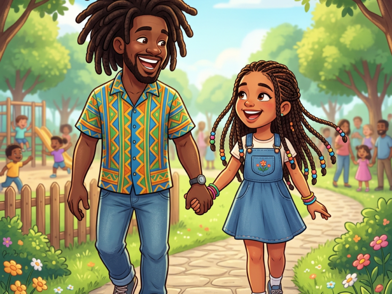 A joyful man and girl hold hands while walking on a sunny park path, kids playing in the background.