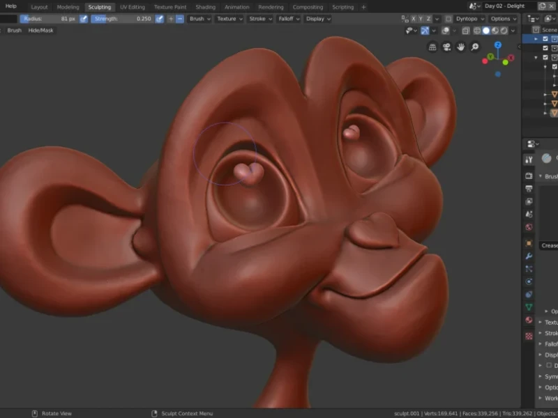 Blender interface with a brown, stylized 3D monkey head (Suzanne) being sculpted in edit mode.