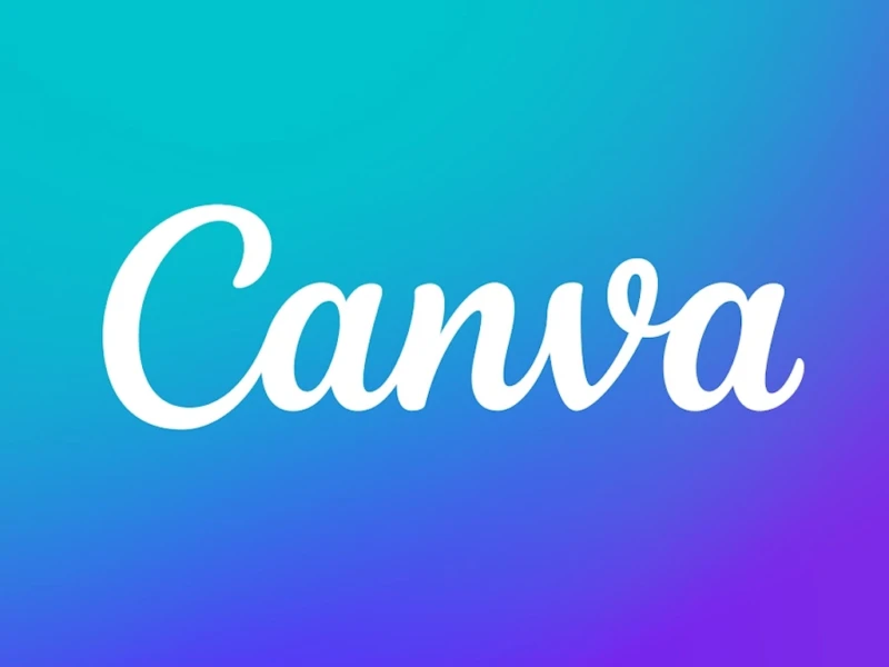 Canva logo in white script on a turquoise-to-purple gradient background