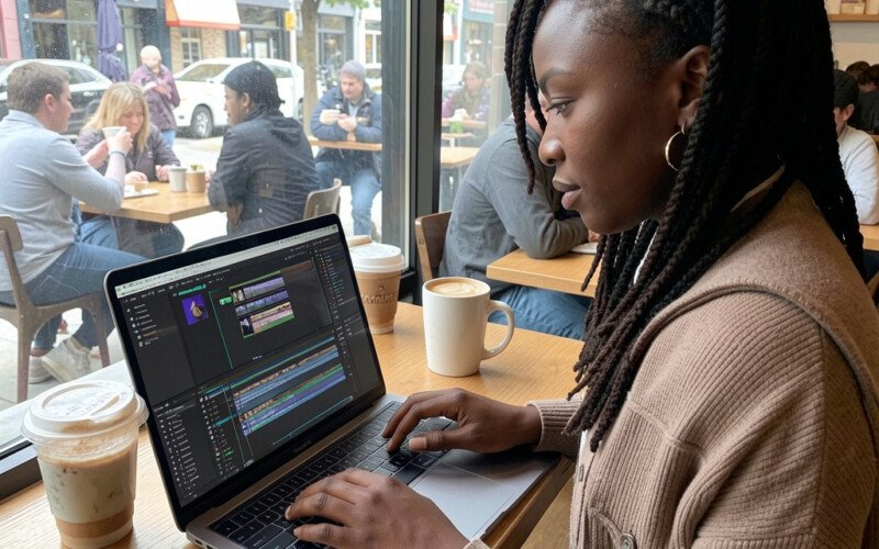 Woman with braided hair typing on a laptop at a cafe table by a large window, with iced coffee and a hot drink nearby.