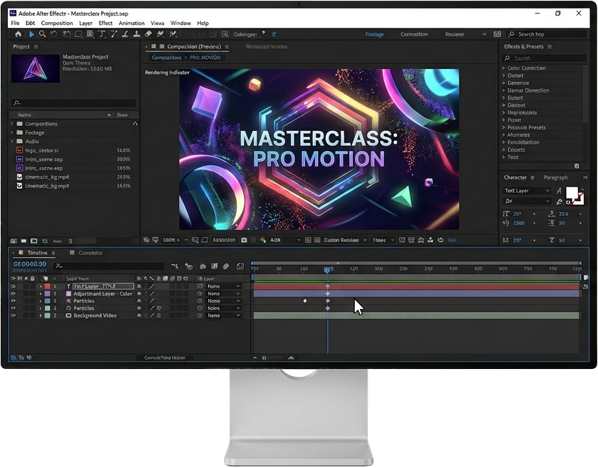 Monitor displaying After Effects with a vibrant 'MASTERCLASS: PRO MOTION' title card.