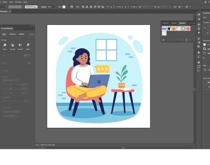 Screenshot of Adobe Illustrator workspace displaying a flat illustration of a person using a laptop in a blue room with a window and plant.