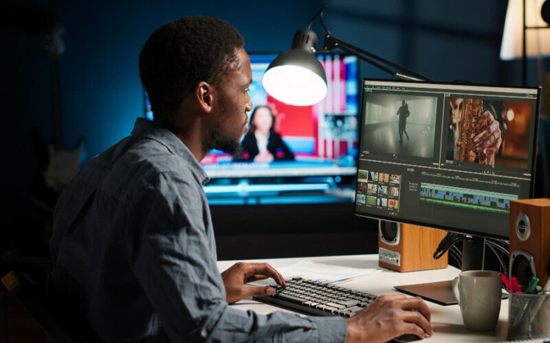 Video editor at a desk editing footage on a large monitor, newsroom on a TV in the background